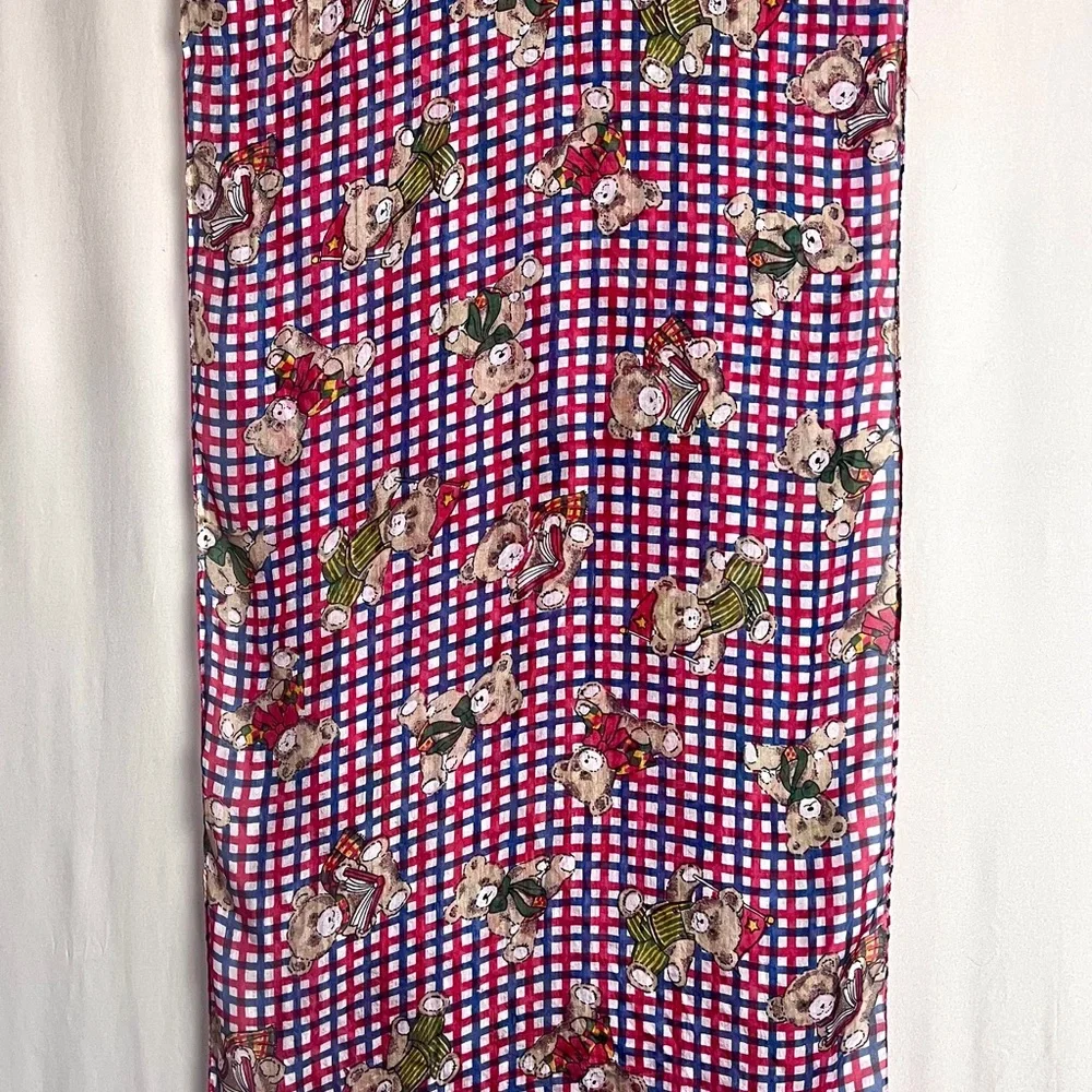 Teddy Bear Print Silk Scarf Rectangle 62” X 14” Novelty Cottagecore Whimsical - Picture 4 of 7